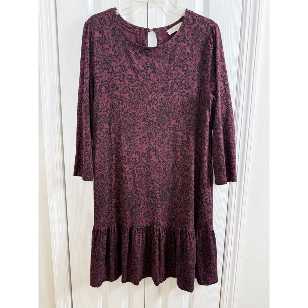 LOFT‎ Paisley Ruffle Flounce Dress L Burgundy Dark Academia Boho Shift